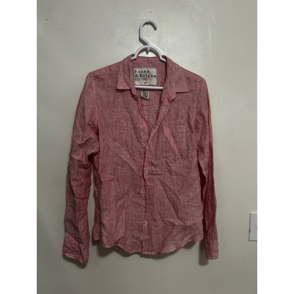 Frank & Eileen Barry Red White Striped Linen Button Down Shirt Womens Medium